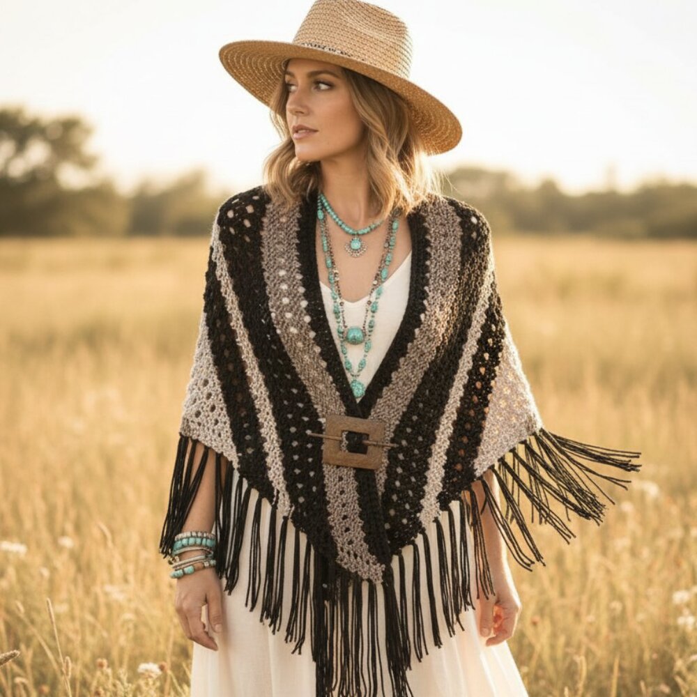Black Cream Tan Hand Knit Shawl Wrap Scarf Boho Earthy Indie Artsy Hippie Mod‎
